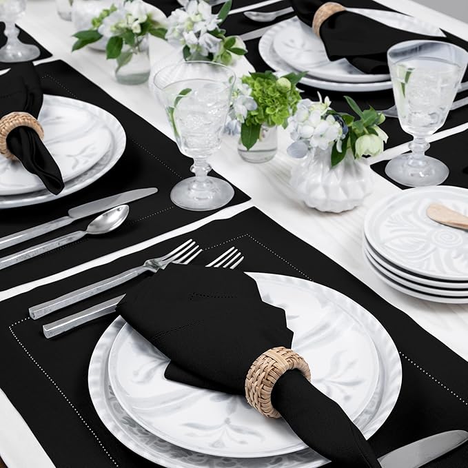 Solino Home Linen Placemats Set of 4 - Classic Hemstitch Black Placemats 14 x 19 Inch - 100% Pure Linen Table Mats for Spring, Summer, Mothers Day