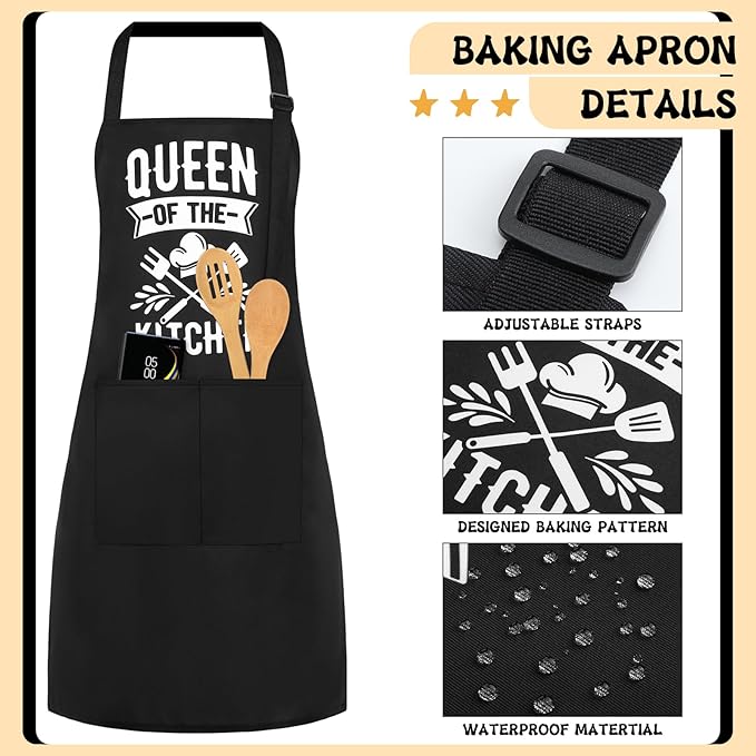 Hoolerry 6 Pcs Kitchen Apron Dish Towels Oven Mitts and Pot Holders Sets with Silicone Spatula for Baking Cooking Lover Engagement Women Men Housewarming Gifts (Black)