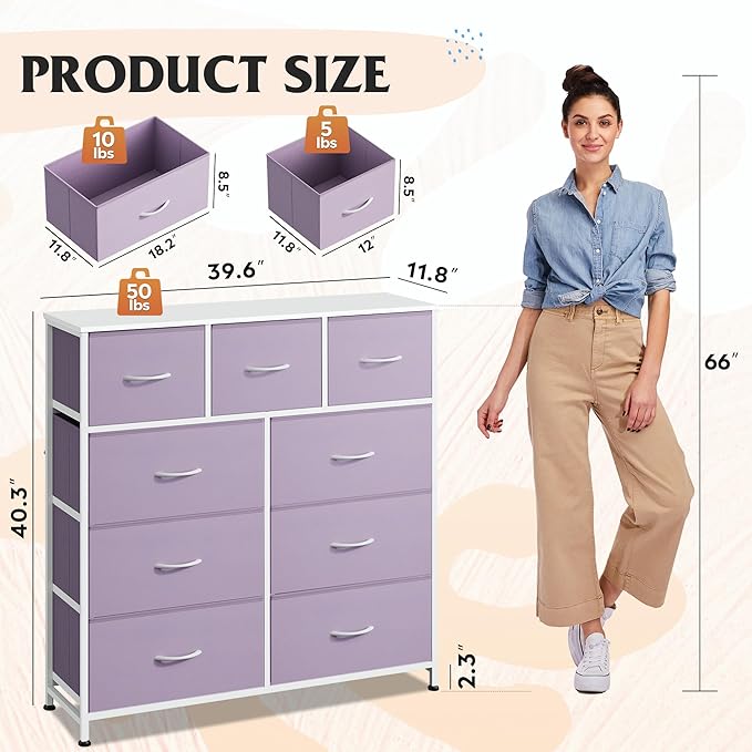 WLIVE 9 Drawer Dresser, Fabric Storage Tower for Bedroom, Hallway, Closet, Tall Chest Organizer Unit for Bedroom with Fabric Bins, Steel Frame, Wood Top, Easy Pull Handle, Purple