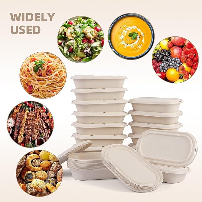 50Pcs(24oz) disposable meal prep food containers with lids,microwaveable and freezable compostable, takeaway containers salad for food bowls and bento boxes.