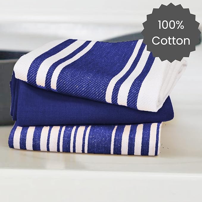 Cotton Clinic Assorted Kitchen Towels 5 Pack – Soft Absorbent Quick Drying Table & Kitchen Linen - Dish Towels, Dish Cloths, Tea Towel and Cleaning Towel with Hanging Loop – 16x28 / Navy White