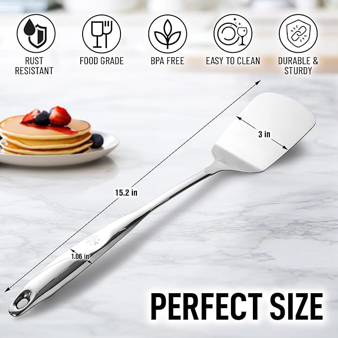 Zulay Kitchen Stainless Steel Solid Turner - 15” Large Metal Spatula for Cooking, Frying & Grilling - Durable, Heat-Resistant & Dishwasher Safe Kitchen Utensil for Everyday Use