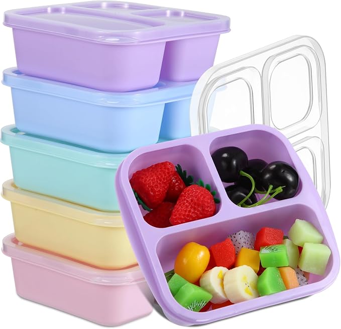Honeydak 5 Pack Snack Containers 3 Compartment Bento Snack Boxes Divided Meal Prep Containers with Lids Reusable Adults Lunch Food Storage Box for School Work Travel(Candy Color)