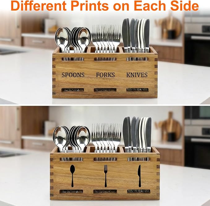 Farmhouse Wooden Silverware Caddy Party Flatware Cutlery Holder Acacia Wood Utensils Holders for Kitchen Counter Cutlery Silverware Organizer Table Spoon and Fork Holder Flatware Utensil Caddy