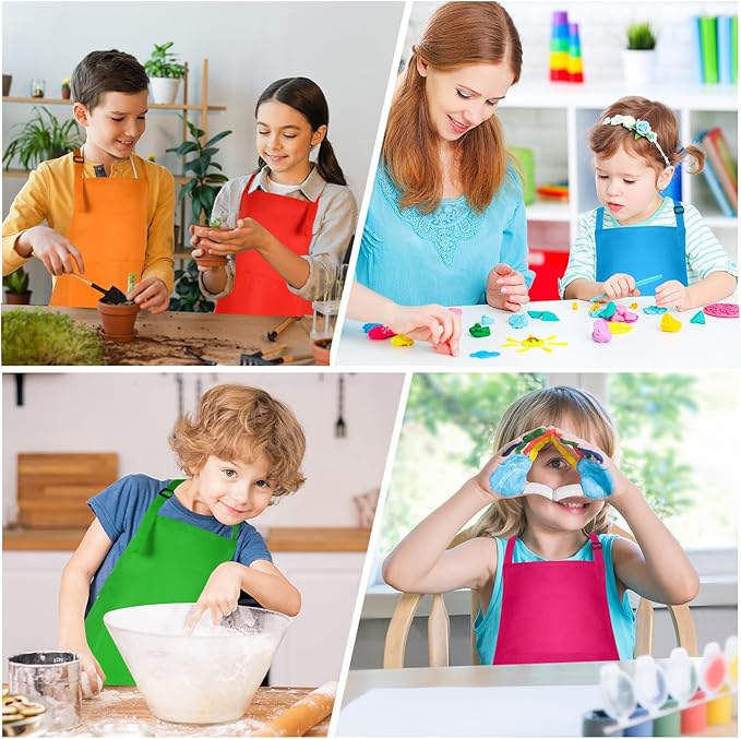 Morcheiong 8/12/24 Pack Adjustable Kids Apron Bulk with 2 Pockets Toddler Apron Kids Painting Aprons for Baking Painting