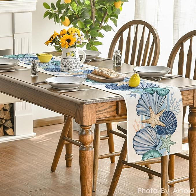 Artoid Mode Sea Shell Starfish Summer Table Runner,Spring Ocean Kitchen Dining Table Decoration for Home Party Decor 13x48 Inch