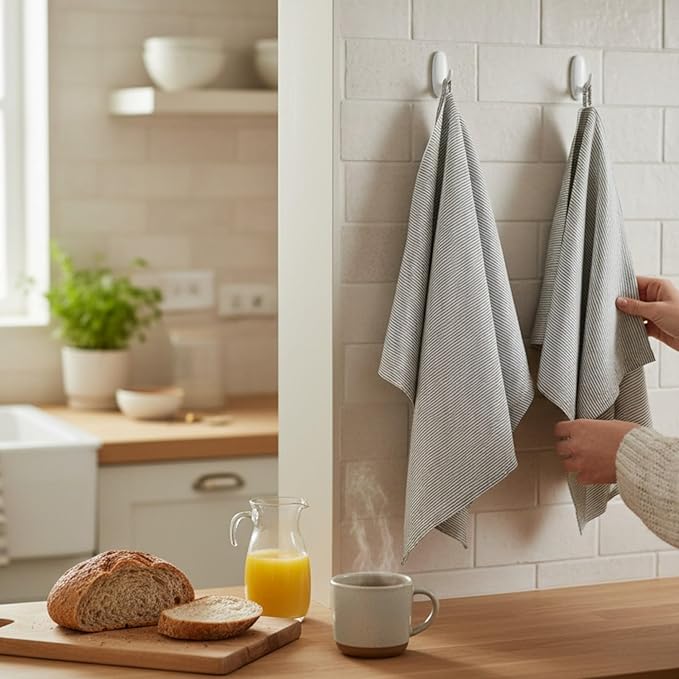 Eight Owls Stonewashed Linen Kitchen Dish Towels - 20 x 27 inch – 100% Pure Linen Tea Towel/Hand Towel - Set of 2 (Black Pinstripe)