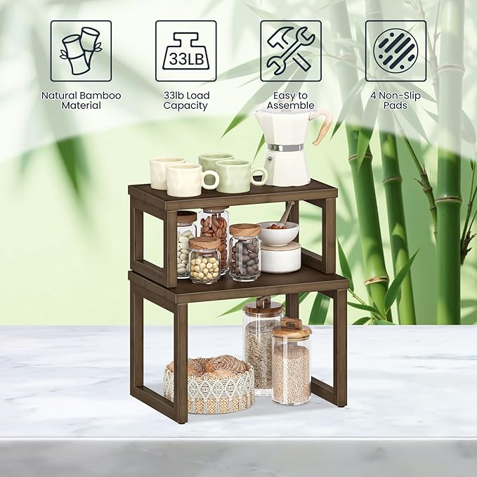 HOOBRO Cabinet Organizer Shelf, Set of 4 Kitchen Counter Shelves, Expandable Kitchen Storage, Stackable Bamboo Spice Rack, for Kitchen, Countertop, Office Desk, Living Room, Mocha MA20TLP201