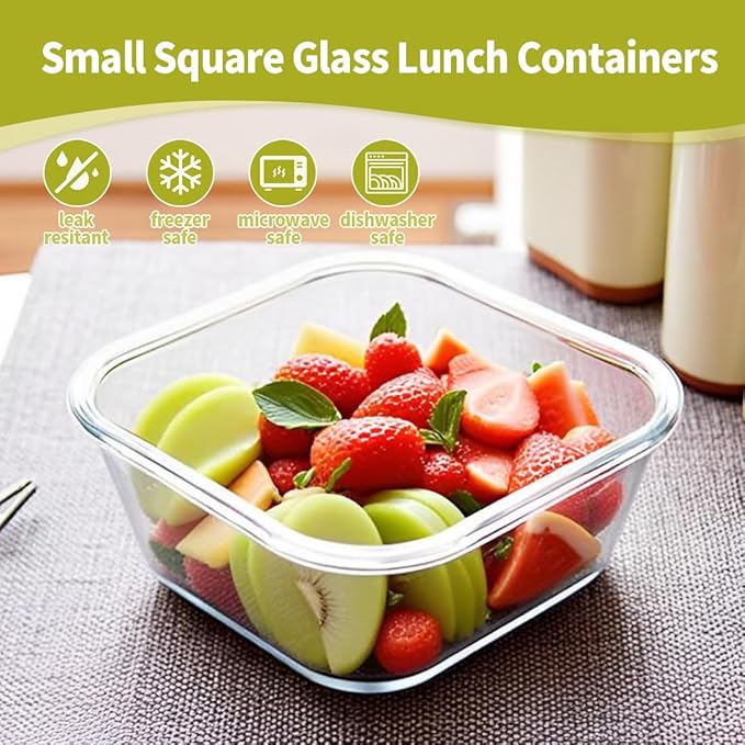 Square 2cup Glass Food Storage Containers with Airtight Lids, 16oz Glass Meal Prep Containers, Square Food Bowl For Lunch, Fruit, Snack, Dishwasher Microwave Freezer Safe (Pink+Green)