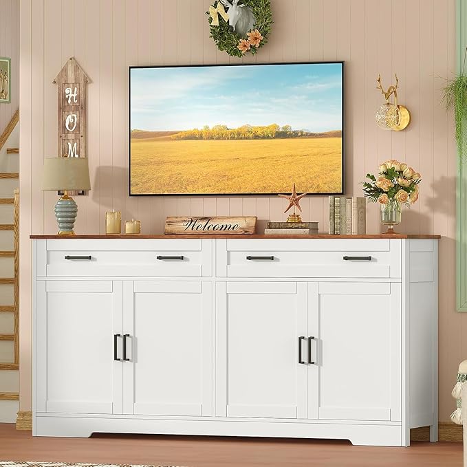 usikey Buffet Cabinet with Storage and Drawers, 55" Large Sideboard Buffet Cabinet with Adjustable Shelves and Doors, Modern Coffee Bar for Kitchen, Living Room, White