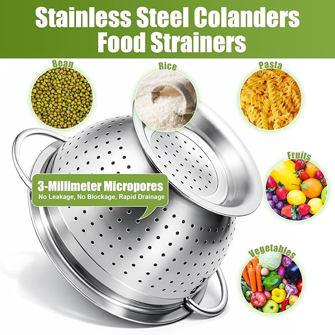 Palksky Stainless Steel Colander Set with Handles & Self-Draining Base, 3 Sizes (7”, 9”, 11”), Heavy Duty Pasta Strainer, Rice & Vegetable Strainer, Countertop Draining System