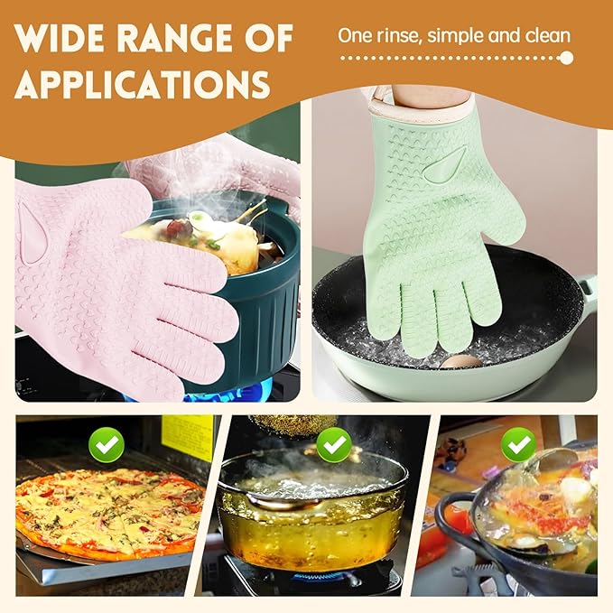 2 Pairs Silicone Oven Mitts Oven Gloves with Fingers Heat Resistant Waterproof Non-Slip Cotton Lined Silicone Oven Gloves Kitchen Mitts for Baking Cooking BBQ(2 Pairs-Green +Pink)