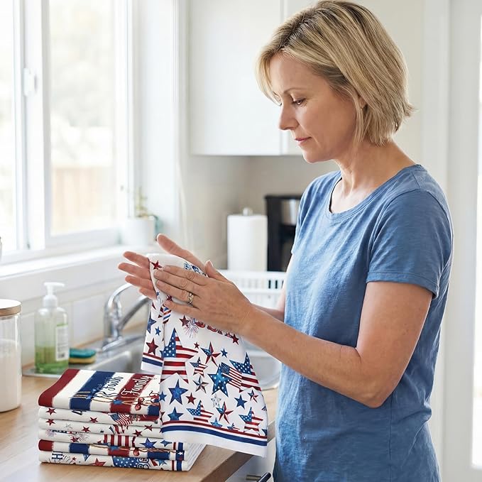 Breling Set of 6 4th of July Kitchen Towels Patriotic Themed Dish Towel Bathroom Decorative Rustic Cloths for Independence Day Kitchen Bathroom Home Cooking Housewarming, 14 x 21 Inch