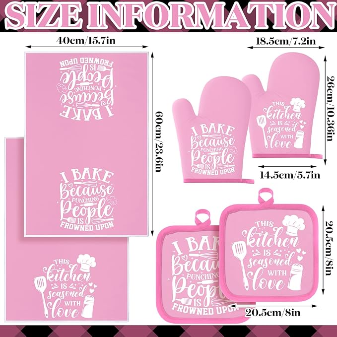 Sratte 6 Pcs Kitchen Decor Accessories Set Farmhouse Towels Pot Holders Oven Mitts Set 2 Dish Towels 2 Potholders 2 Cooking Mittens Oven Glove for Baking Cooking(Light Pink,Kitchen)