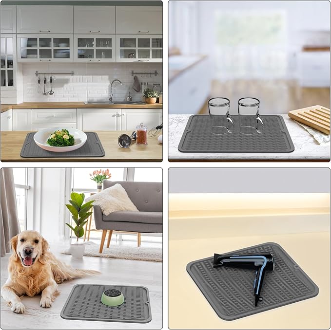 ZLR 2 Pcs Large Silicone Dish Drying Mat (16" x 18") - XL Heavy Duty Drainboard Mat for Pots, Pans & Family Loads - Heat Resistant Trivet & Counter Protector, Easy Clean (Dark Gray)