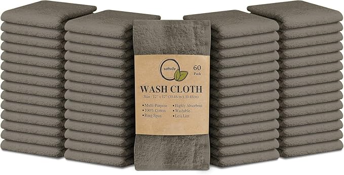 Softolle 100% Cotton Ring Spun Wash Cloths – Bulk Pack of Washcloths – 12x12 Inches – Wash Cloth for Face, Highly Absorbent, Soft and Face Towels (Taupe, 60 Pack)