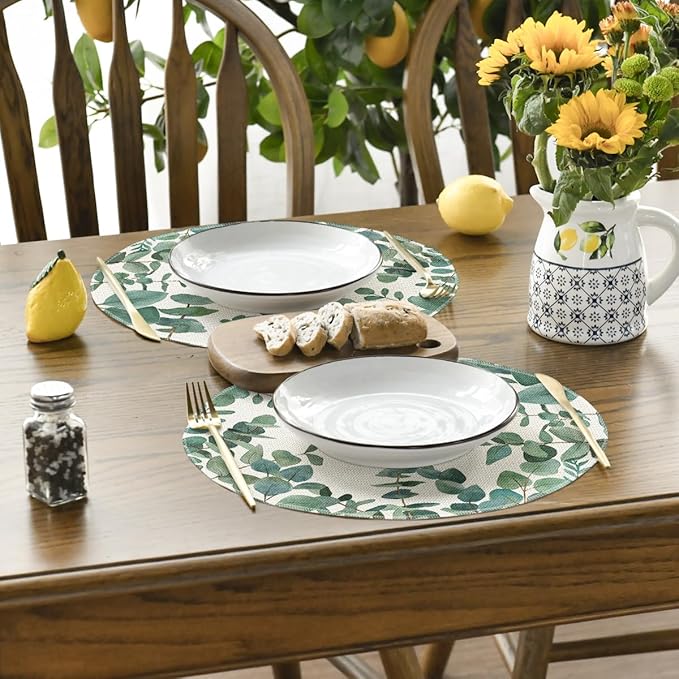Artoid Mode Eucalyptus Leaves Summer Round Placemats Set of 4, 14 Inch Summer Round Table Mats for Dining Decoration