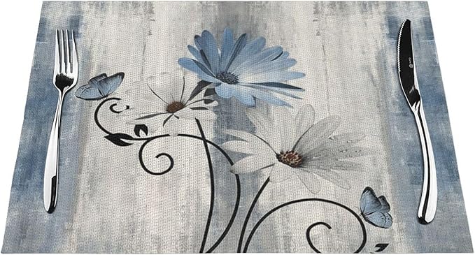 Floral Place mats Set of 4, 12x18 Inches Rustic Blue Daisy Flower Decorative Placemats Rectangle Summer Floral Table Mats for Party Home Kitchen Dining Table Decor