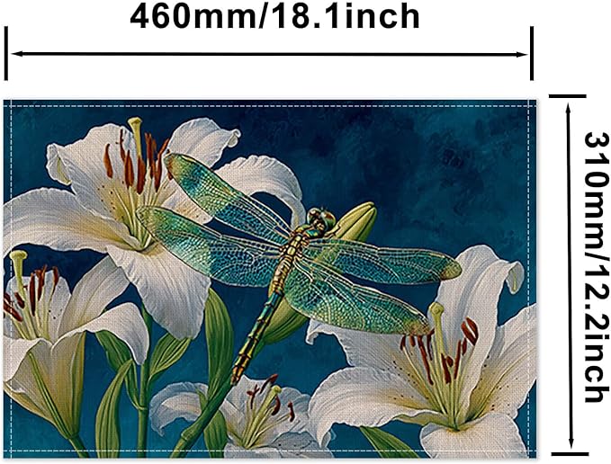 HOMETITUTE Dragonfly Linen Placemats Set of 4 12x18 inch Spring Table Mats for Dining Table Farmhouse Lily Art Decorations Kitchen Decor Desk Mat for Outdoor Home Party Kitchen Seasonal Dining Decor