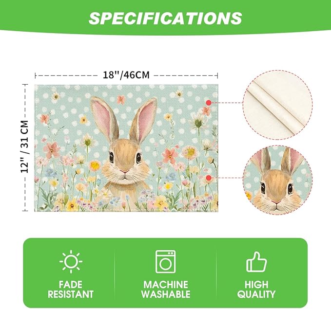 Artoid Mode Blue Bunny Polka Dot Easter Placemats Set of 4, 12x18 Inch Flower Seasonal Spring Holiday Table Mats for Party Kitchen Dining Decoration