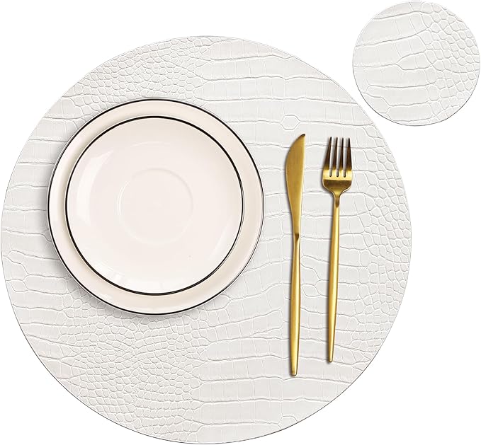 Jovono Round Leather Placemats for Round Tables Set of 6, White Place Mats and Coasters, Wipeable Waterproof Heat Resistant Table Mats Easy to Care for Indoor Decor 14 inch Diameter