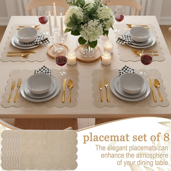 LemonRoad 8 Pcs Boho Linen Placemats Set 13" x 19" Elegant Scalloped Double Layered Placemats Farmhouse Washable Rustic Dining Table Decorations for Kitchen Wedding Banquet (Brown,Beige)
