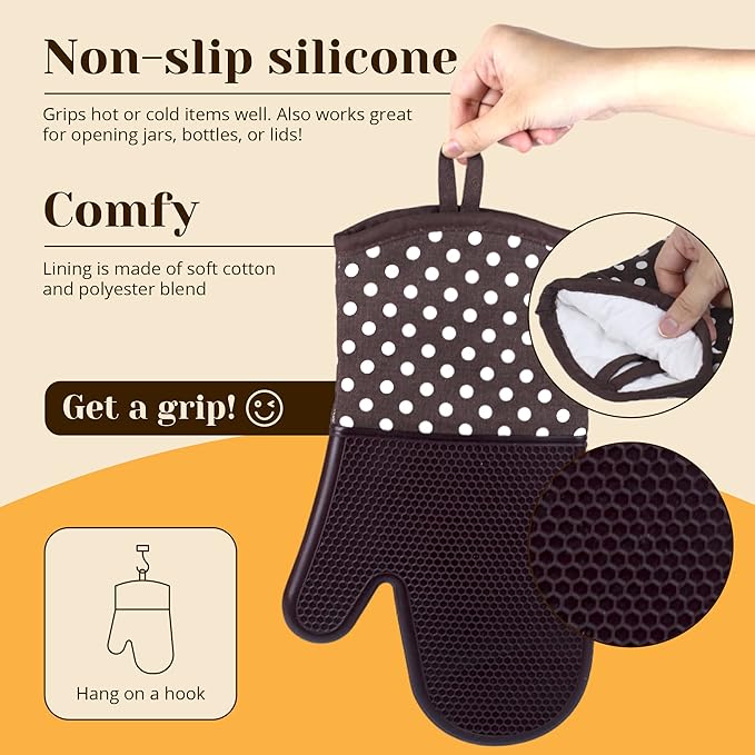 Amruta Pair of Silicone Shell Oven Mitts, 2 Pieces Heavy Duty Baking Kitchen Mitts for BBQ Microwave Stove, Heat-Resistant up to 500F, Oven Glove with Silicone Textured Grip (13 x 7.5 in, Coffee)