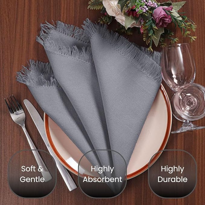 Cloth Dinner Napkins Fringes 100% Cotton Set of 6 - Perfect for Dining Special Occasions Wedding Holidays Christmas - Soft Durable Washable - Elegant 20x20 Inch Cloth Napkins Dark Grey