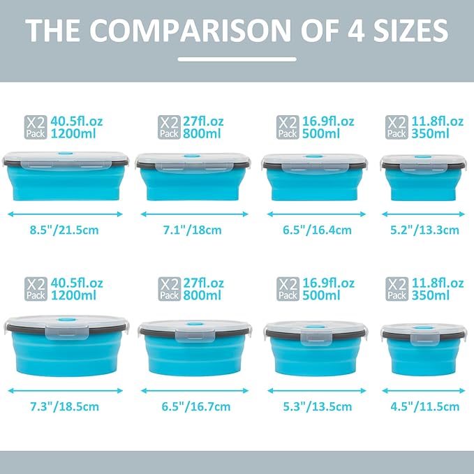 Collapsible Silicone Food Storage Containers Set with Lid & Air Vent, Foldable Lunch Containers, 16 Pack (8 Rectangular + 8 Round Bowls), BPA-Free, Space-Saving