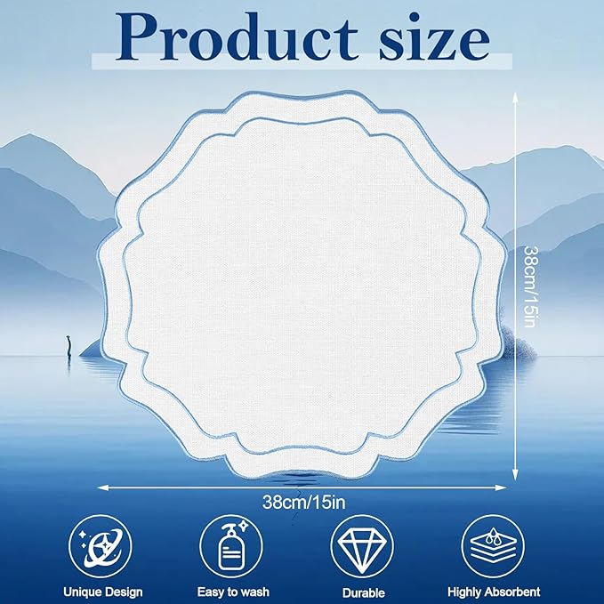 8 Sets Blue and White Ribbon Twirl Cotton Linen Placemats, 15 inch Embroidery Scalloped Round Cloth Table Mats Washable Fabric Place Mats Flower Shape for Wedding Baby Shower Banquet Party Table Deco