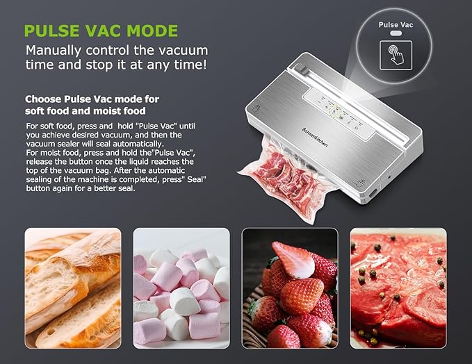 Bonsenkitchen Vacuum Sealer Machine, Stainless Steel Food Sealer Vacuum Sealers with 1 Roll & 5 Bags, 5 Food Vacuum Modes, Built-in Cutter & Bag Storage (White Silver)