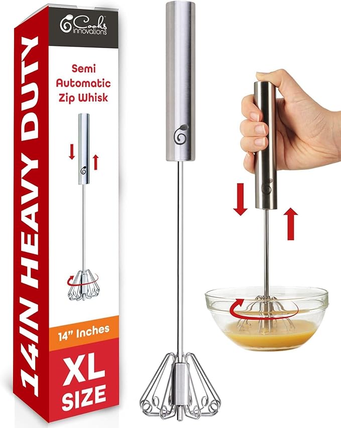 14 Inch Stainless Steel Egg Beater - Durable & Easy to Use Push-Down Zip Whisker - Rotary Hand Mixer for Beating Eggs, Frothing Milk, Blending, Mixing, Whipping Smoothies & Shakes - Hand Whisk