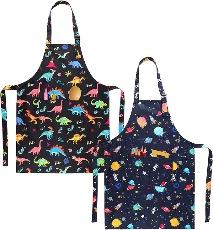 2 Pack Kids Apron, Cute Cooking Aprons, Waterproof Art Apron with Pockets, Toddler Painting Artist Apron Adjustable