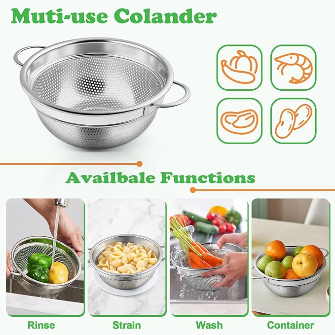 P&P CHEF Colander Strainer Stainless Steel 3 Quart, Metal Micro-Perforated Colander for Kitchen Food, Ideal for Rinsing Washing Draining, Dishwasher Safe, Shiny Silver, 1PC