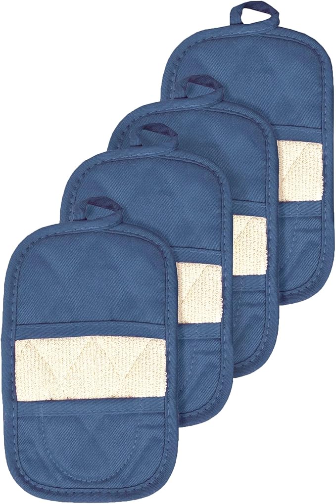 RITZ Premium Pot Holders & Heating Pads (4-Pack), 8.5" x 5.5", Heat Resistant, 100% Cotton Terry-Looped Pocket, Kitchen and Barbeque, Federal Blue