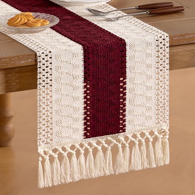 Socomi Boho Table Runner Macrame Easter Spring Farmhouse Woven Cotton Linen Rustic Coffee Table Runner with Tassels for Dresser Scarf Home Decor Dining Room 12x90 in Burgundy Ivory