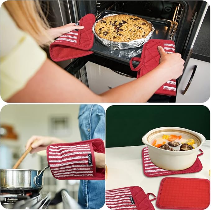 Alselo Silicone Pot Holders Set of 3 Heat Resistant & Non Slip Potholders, Professional Oven Hot Pads with Pockets Mitts for Kitchen Cooking Baking Barbecue (3, Red)