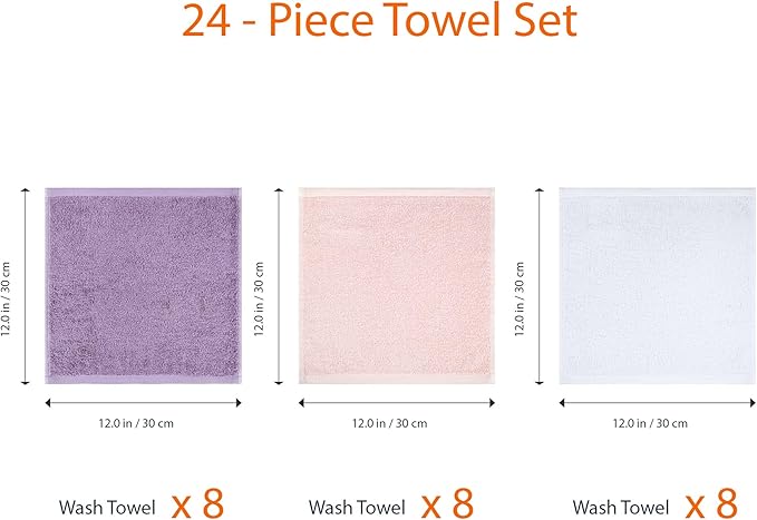Amazon Basics Highly Absorbent, Fast Drying 100% Cotton Washcloths for Bathroom and Face, Machine Washable, 12 x 12 in, Petal Pink, Lavender, White, 24-Pack