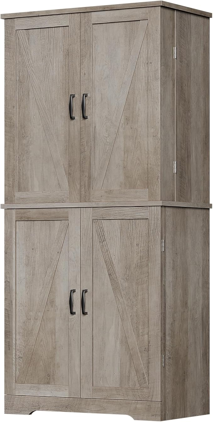 Vongrasig Kitchen Pantry Storage Cabinet with Barn Doors, Drawer and Adjustable Shelves, 6-Tier Tall Rustic Wood Cupboard Locker for Kitchen, Dining Room, Living Room, Bathroom, Rustic Grey