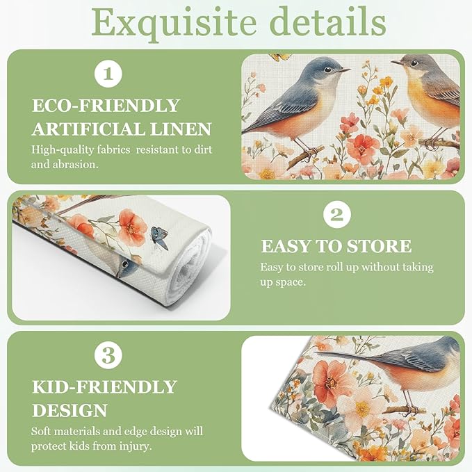 Spring Bird Flower Floral Placemats Set of 6, Washable Heat Resistant Table Mat Watercolor Floral Linen Place Mats for Party Kitchen Dining Home Decor 12x18 Inch