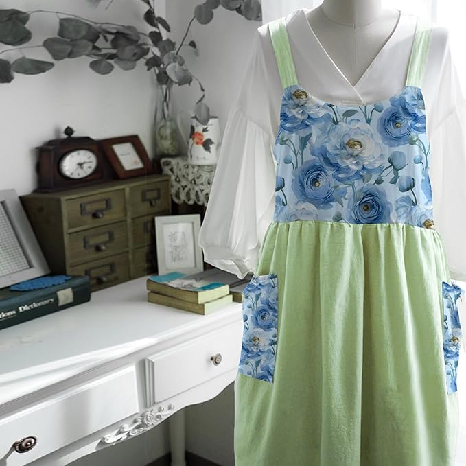 Uaussi Cotton Linen Apron Cross Back Work Apron for Women with Pockets Pinafore Dress X Cross Halter Apron for Chef Gardening