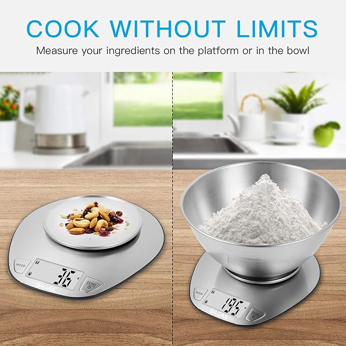 BAGAIL BASICS Digital Kitchen Scale, Large Clear Display, Wet and Dry Food Scale with Stainless Steel Mixing Bowl - 11 lb