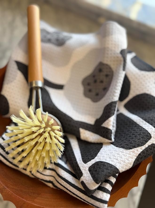|| 3 Pack|| Double Sided Dish Towels || Waffle Weave Microfiber || Tea Towels || Highly Absorbent || Hanging Loop || Dish Cloths || Modern || Designer Prints (Black/Gray)