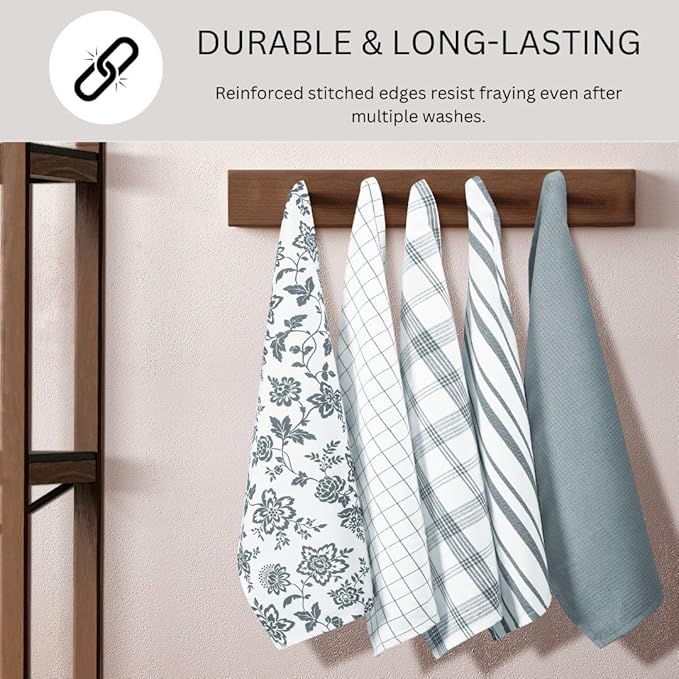 Assorted Kitchen Towels 100% Cotton 16x26 Inch - Super Absorbent, Soft & Quick Drying, Multi-Purpose for Drying & Cleaning, Ideal for Kitchen & Home Use, Set of 5 Low-Lint Dish Towels Grey