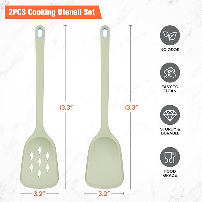 Silicone Cooking Spatula&Slotted Spatulas, Pack of 2,Solid Turner Kitchen Utensils Set for Cooking,Frying, Baking, Flipping, Turning,Heat Resistant 450℉ (Green)