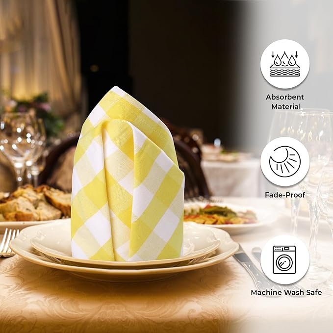 Urban Villa Cotton Dinner Napkins Set of 6, Highly Absorbent 20x20 Inches Premium Cloth Napkins Hotel Quality Reusable & Washable Table Dinner Napkins for Home & Weddings - Yellow/White, Checks