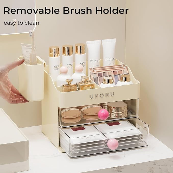Makeup Organizer for Vanity with Brush Holder, Countertop Skincare Organizer with 2 Drawers, Spacious Cosmetic Display Case for Perfumes, Eyeshadow Palettes, Nail Polishes