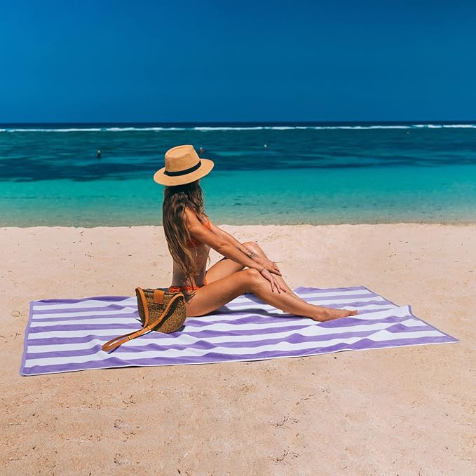 LULUHOME Large Oversized Beach Towel - Big Cotton 36 x 70 Inch Striped Pool Towel, Large Cabana Soft Swimming Towel for Adult Men Women,Purple