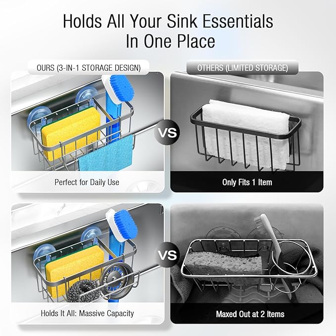 3-in-1 Kitchen Sink Caddy Organizer with Sponge Holder, Brush Holder, Extra Rack for Scrubber, Sink Stopper, Dish Cloth Hanger - Strong Dual Suction Cup, 2.0mm SUS304 Stainless Steel - Silver
