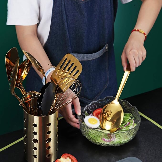 Berglander Gold Cooking Spoon, Stainless Steel Solid Serving Spoon Titanium Gold Plating, Basting Kitchen Spoon For Cooking, Dishwasher Safe, Easy to Clean